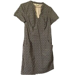 Twee Mod Boden Dress Geometric Floral Shift Dress Pockets Navy White Boho 6R
